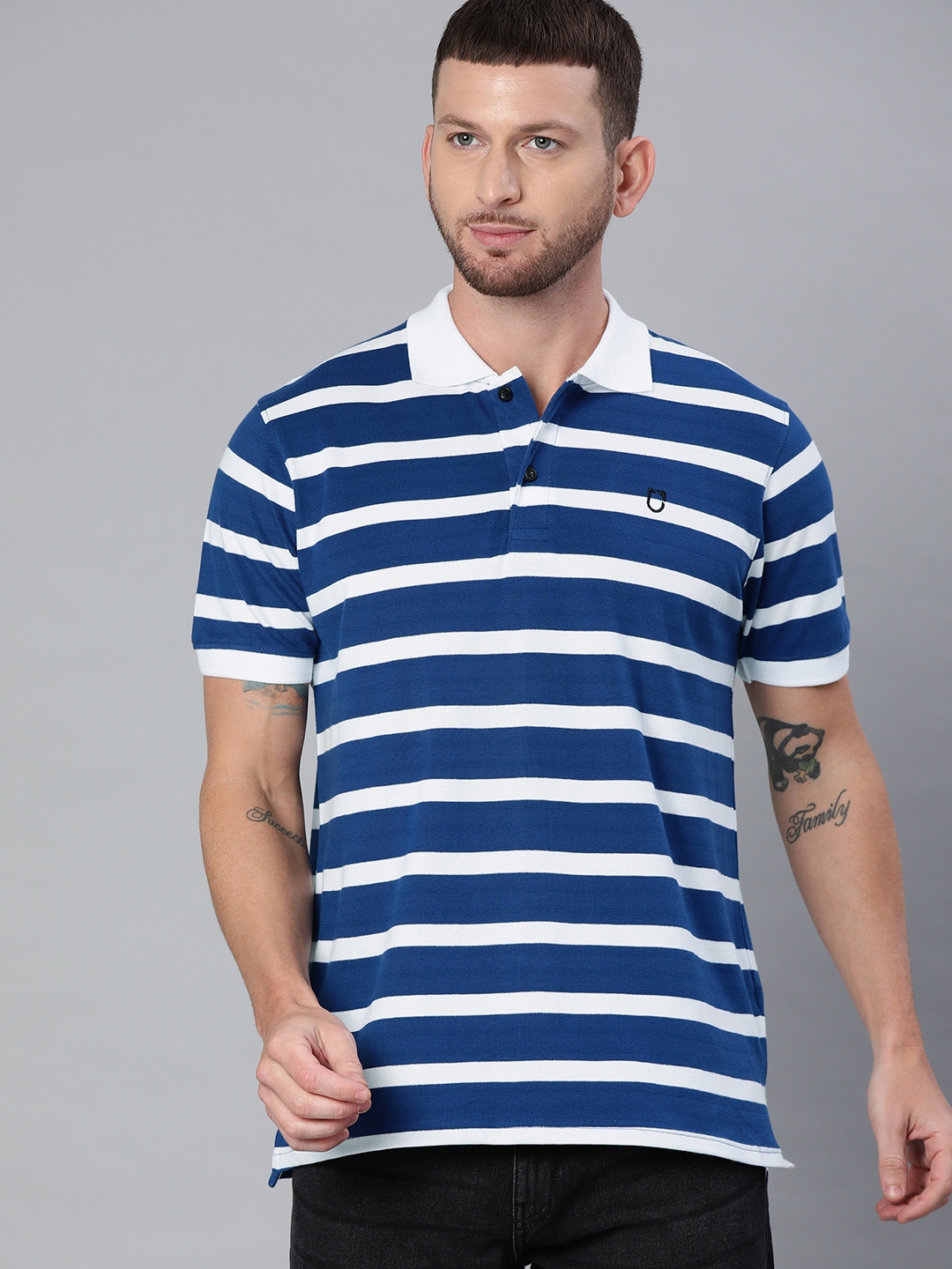 Buy Urbano Fashion Men Navy Blue White Striped Polo Collar Pure Cotton ...