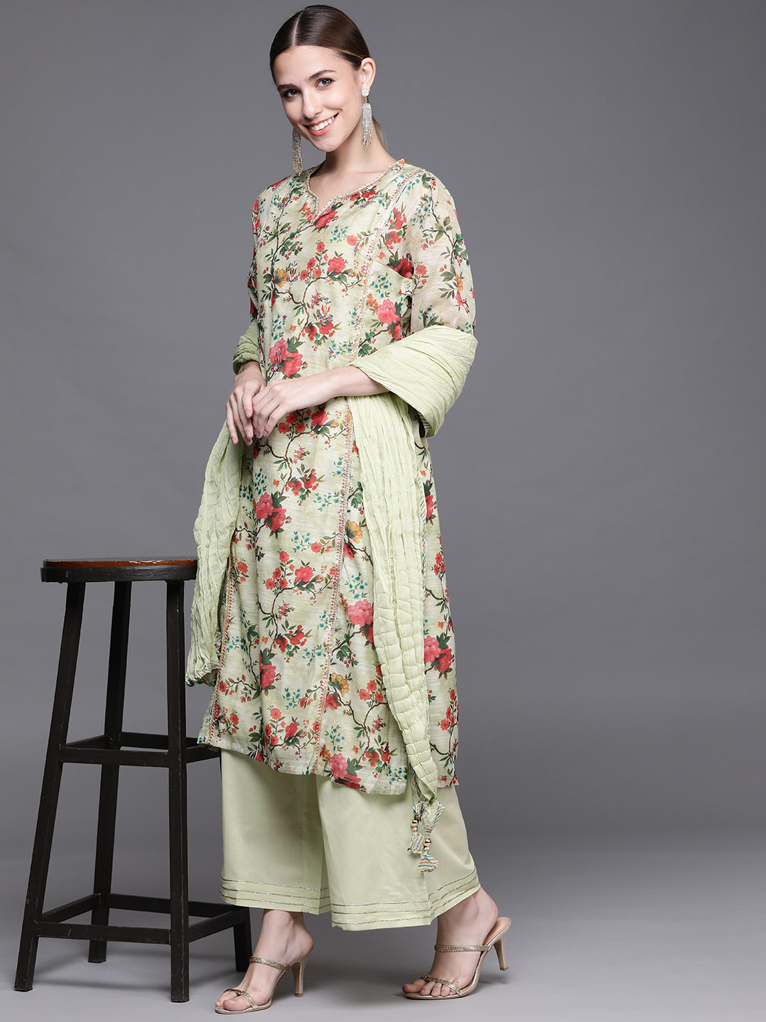 BIBA Elegant Floral Printed Cotton-Silk Kurta Set with Dupatta