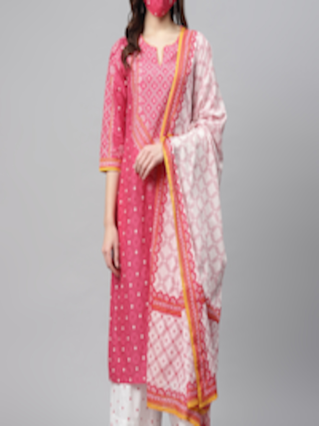 Buy Biba Women Pink White Bandhani Pure Cotton Printed Kurta Palazzos ...