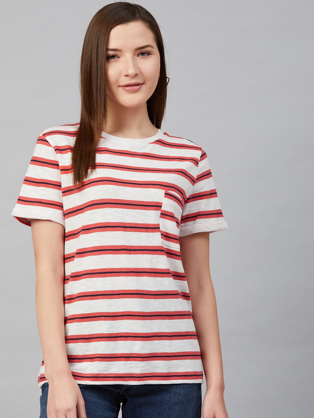 Buy Marks Spencer Women White Red Pure Cotton Striped Round Neck Pure Cotton T Shirt - Tshirts 