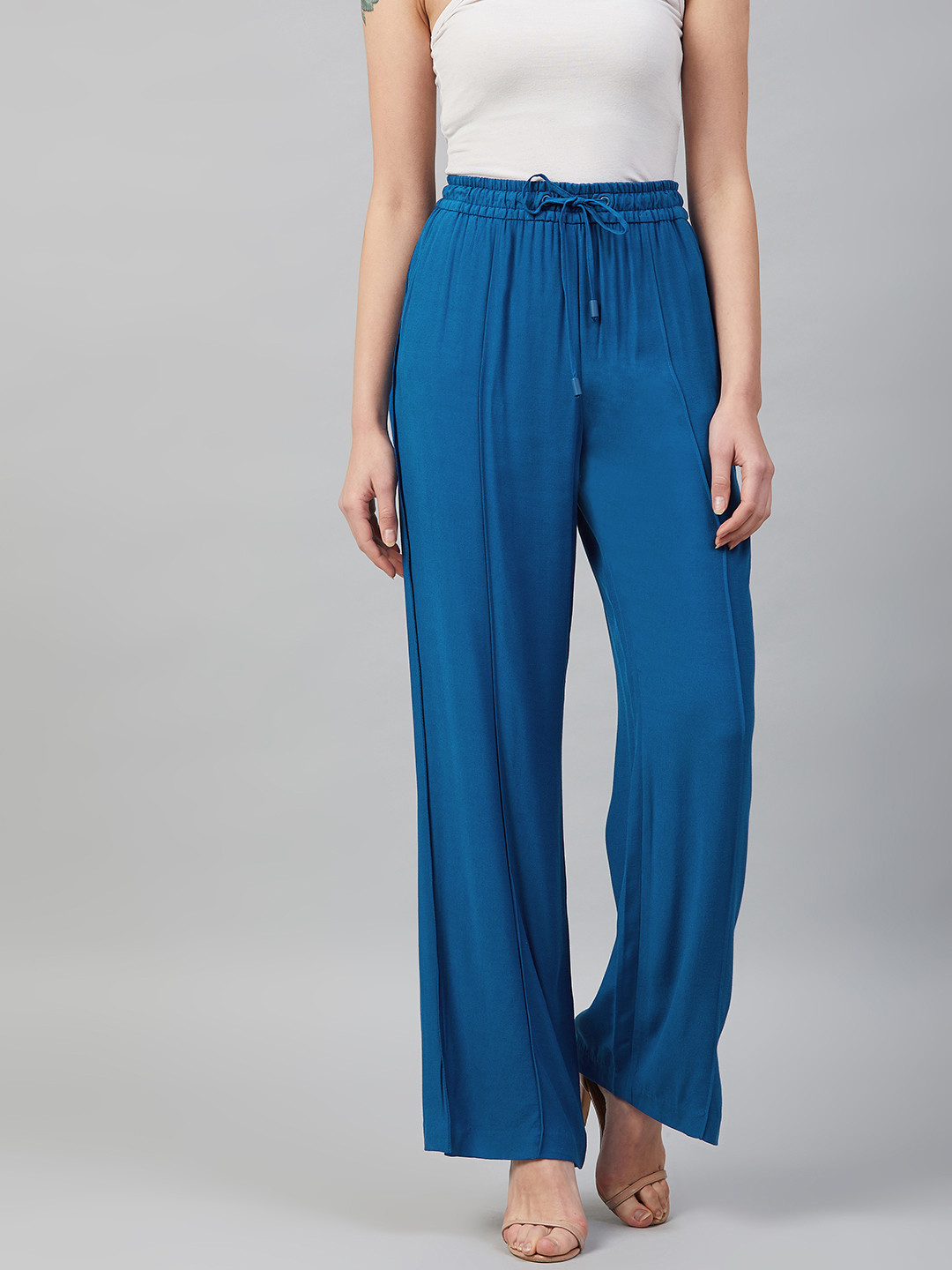 Buy Marks & Spencer Women Blue Solid Wide Leg Trousers Trousers for