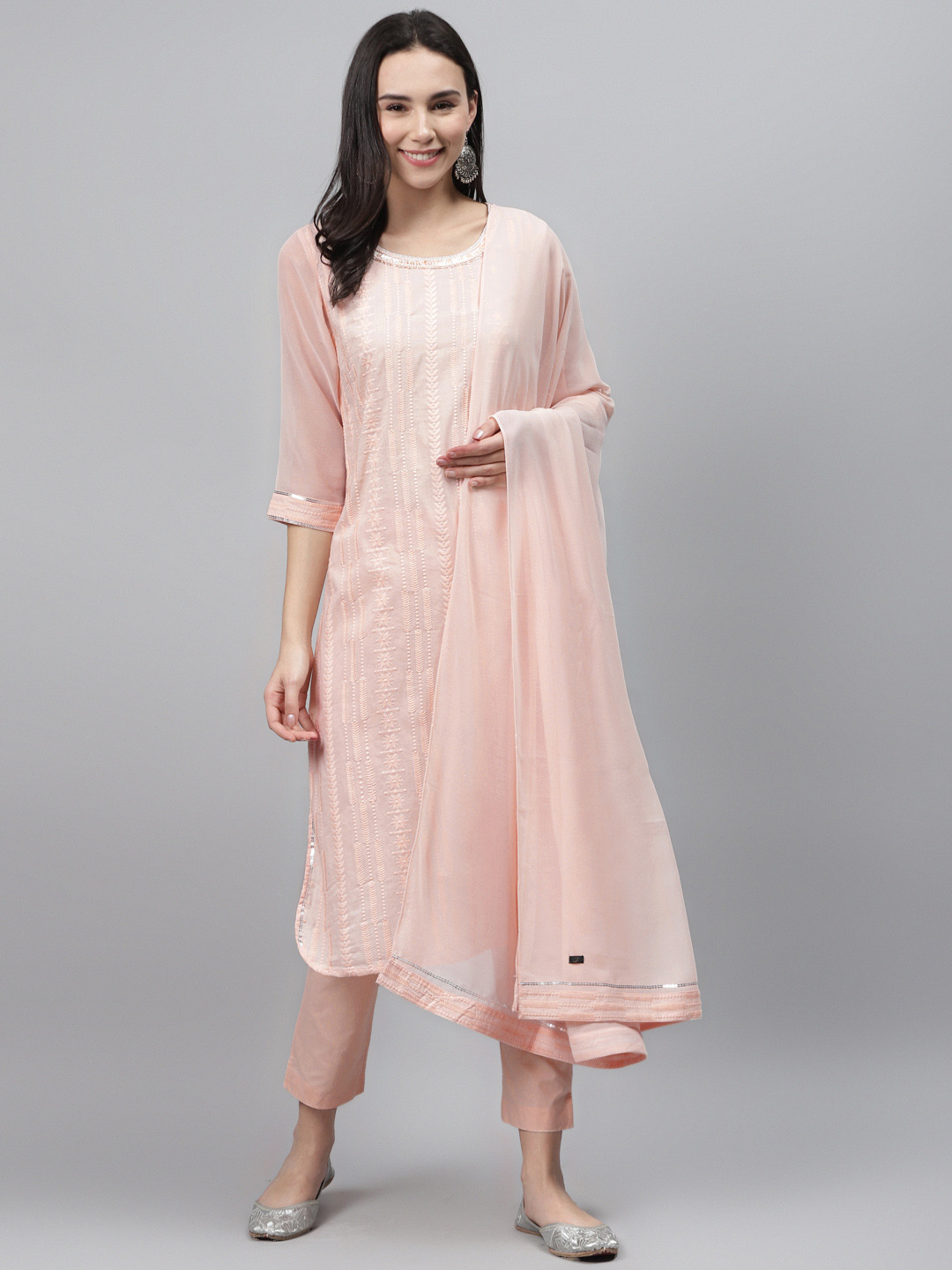 Women Silk Blend Peach Embroidered Kurta Comfort Pant With Dupatta