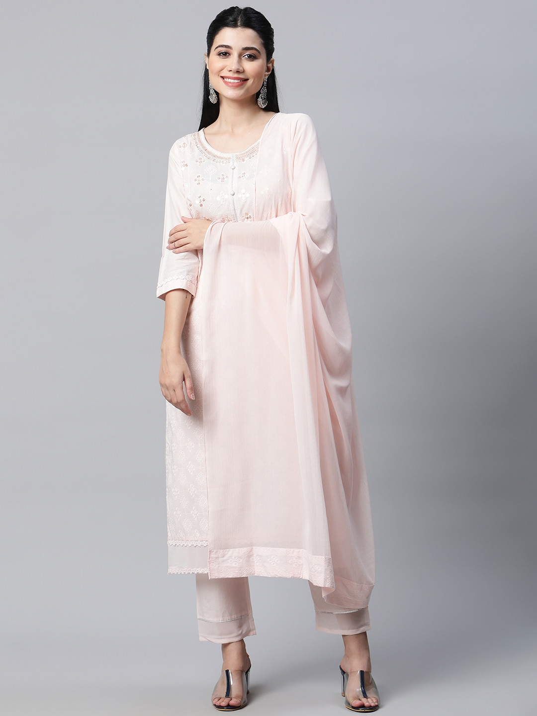 Women's Pink Solid Kurta Set with Dupatta