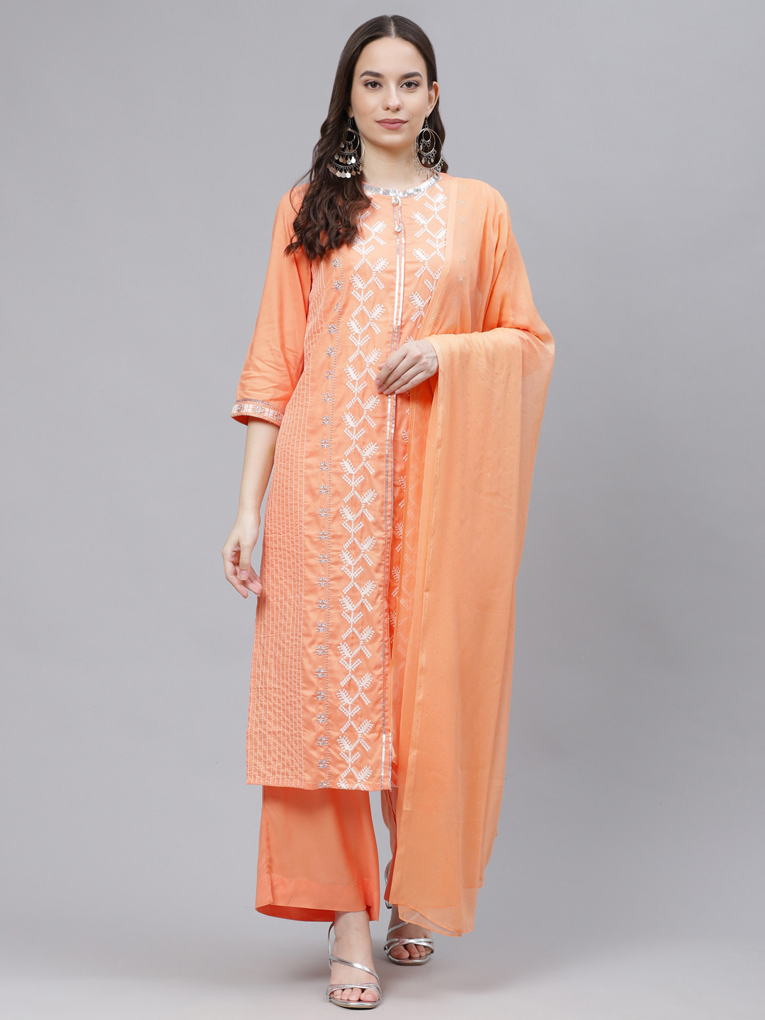 Women'S Peach-Coloured Solid Kurta With Palazzos & Dupatta