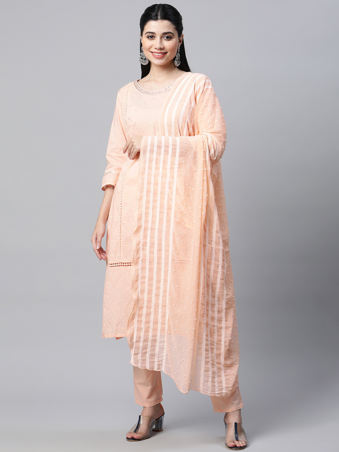 Women Peach & Silver Printed Straight Kurta With Plazzo  & Dupatta