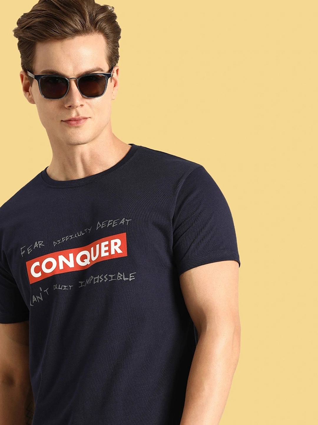 Buy Bewakoof Men Navy Blue Conquer Printed Round Neck Pure Cotton T Shirt Tshirts For Men Buy Bewakoof Men Navy Blue Conquer Printed Round Neck Pure Cotton T Shirt Tshirts For Men