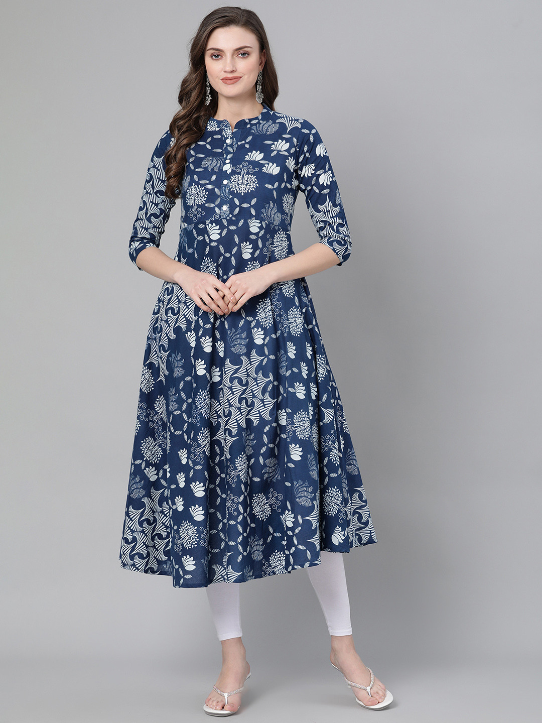 Women Navy Blue & White Polka Dots Print Bell Sleeves Anarkali Kurta