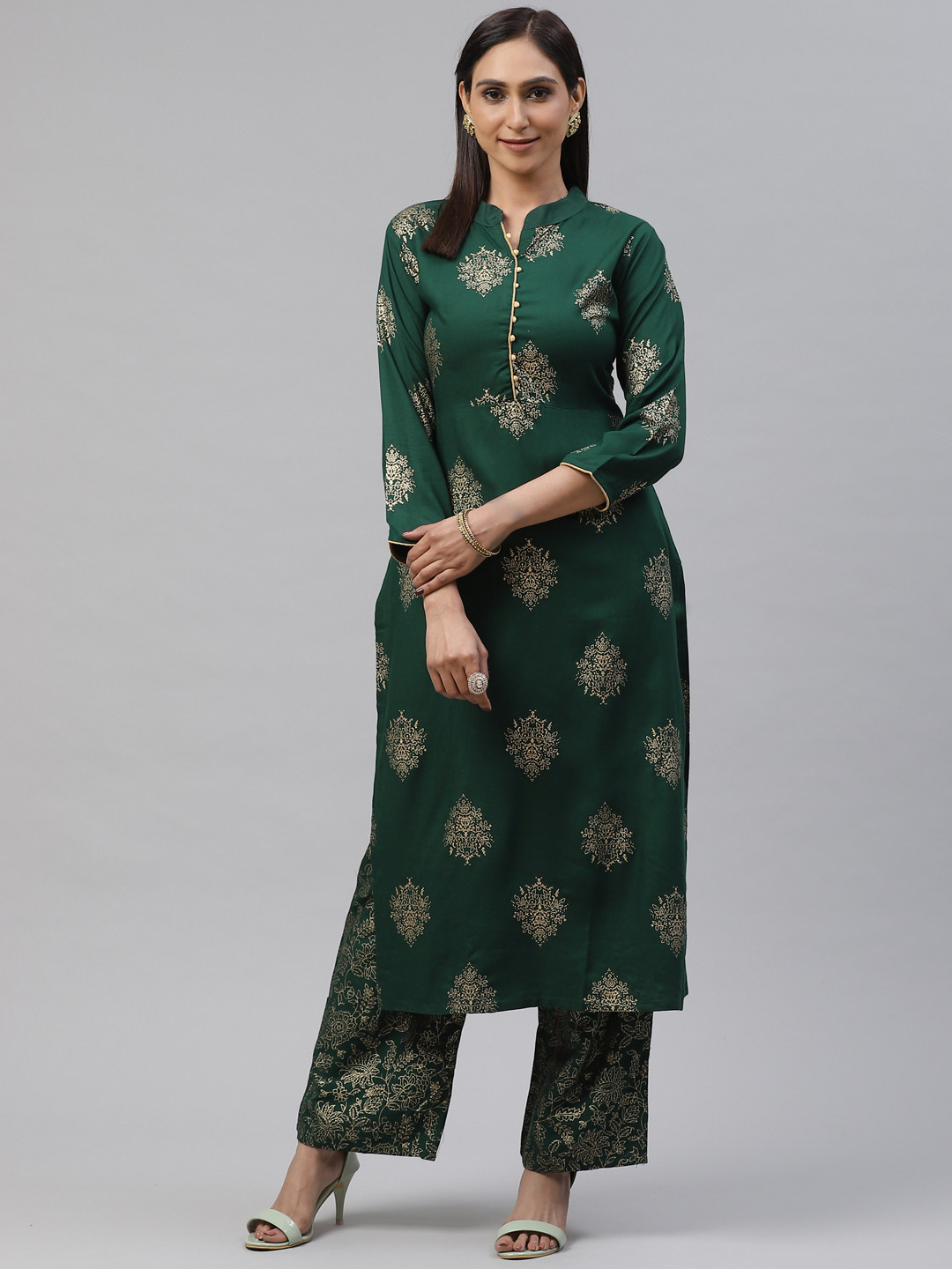 Women'S Green & Golden Woven Design Kurta With Palazzos