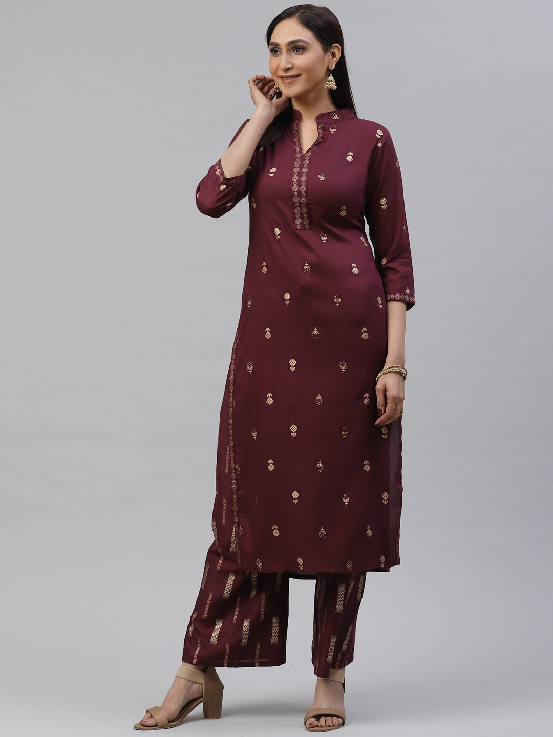 Women'S Red & Golden Woven Design Kurta With Palazzos