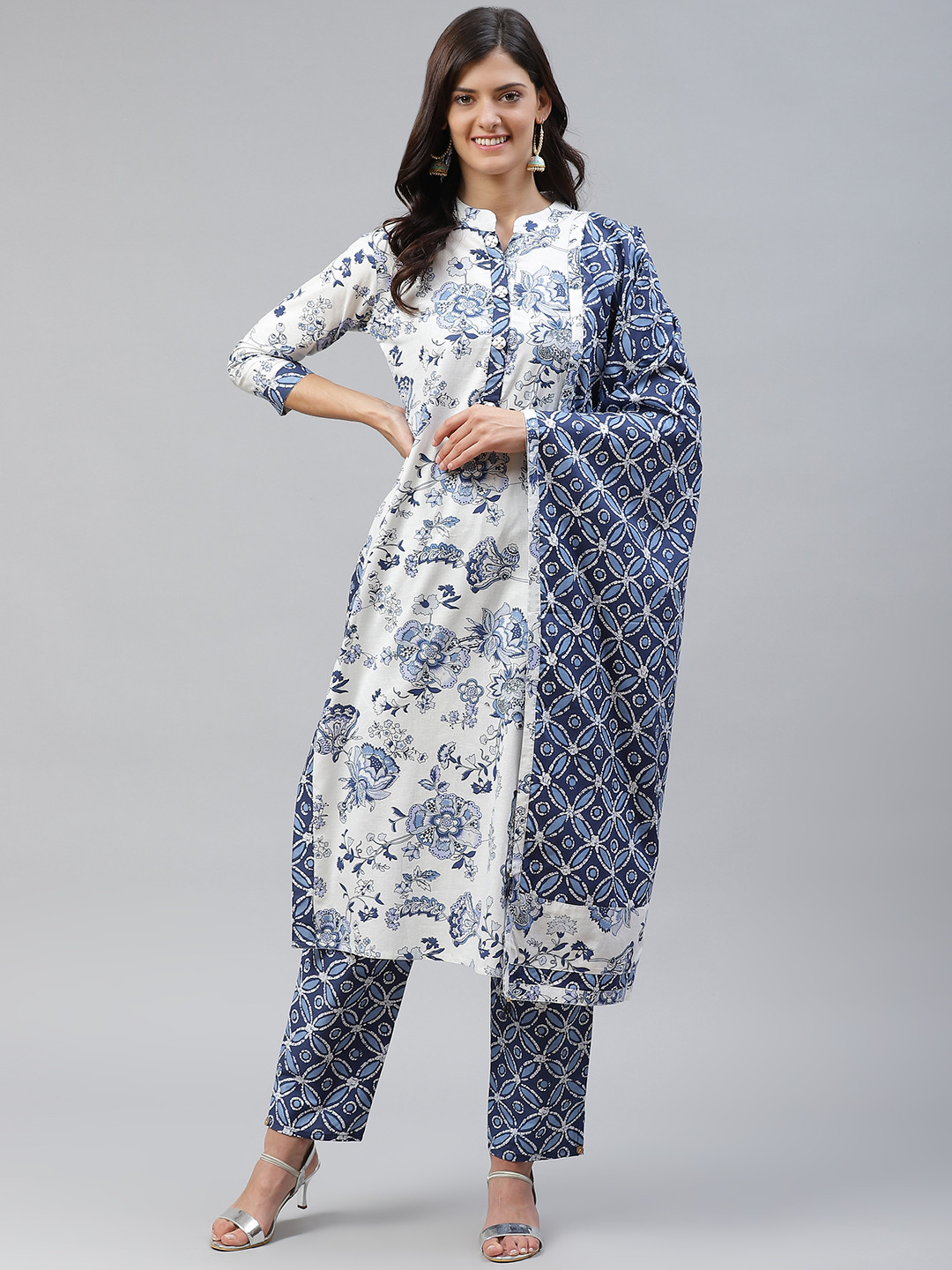 Women Pure Cotton Printed Blue Kurta With Pant And Dupatta