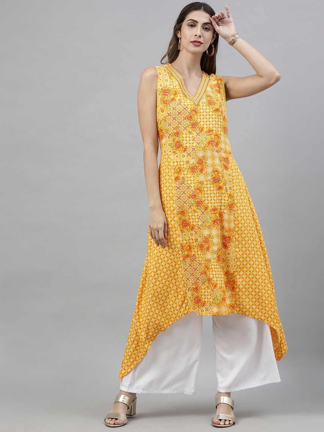 Buy Global Desi Women Mustard Yellow Ethnic Motifs Printed Kurta