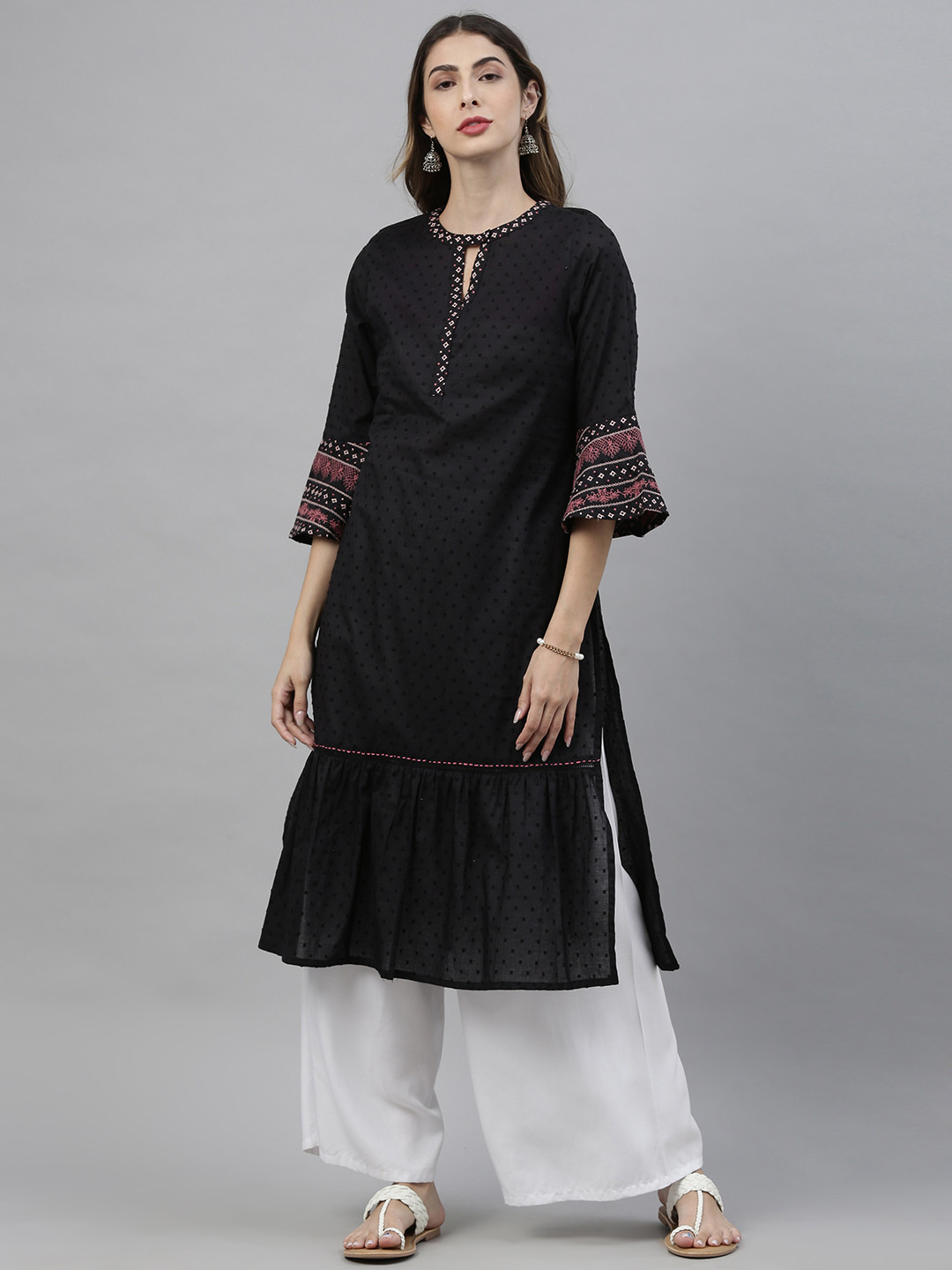 Buy Global Desi Women Black Geometric Embroidered Keyhole Neck Bell Sleeves Kurta Kurtas for