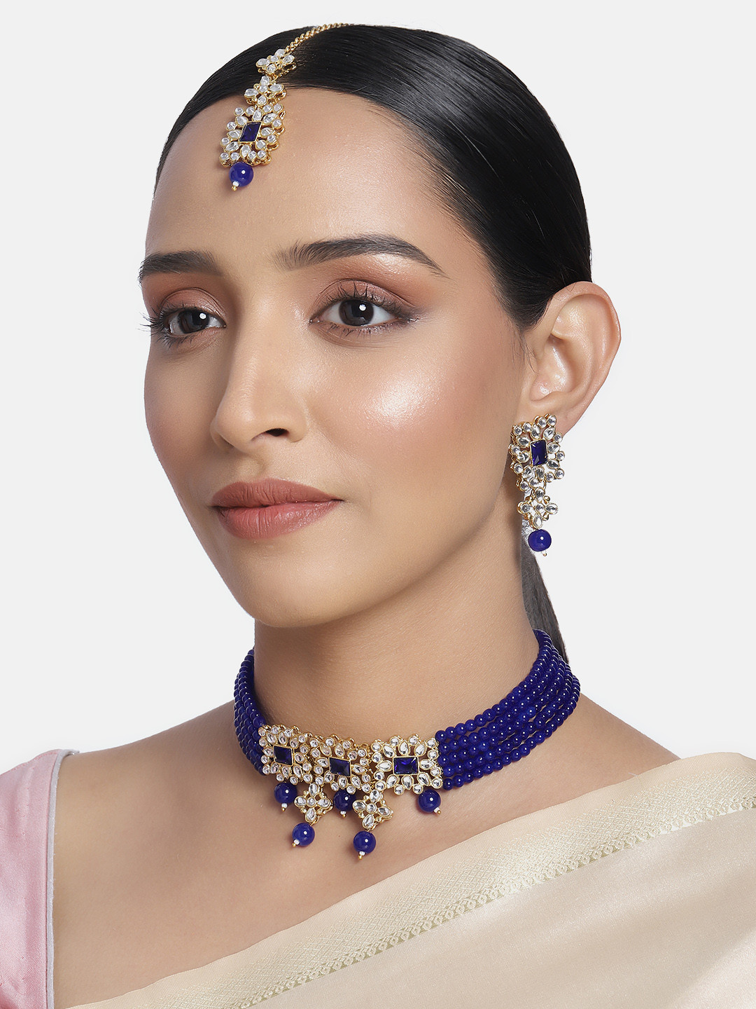 Buy Peora Blue Gold Plated Pearl Kundan Studded Jadau Jewellery Set