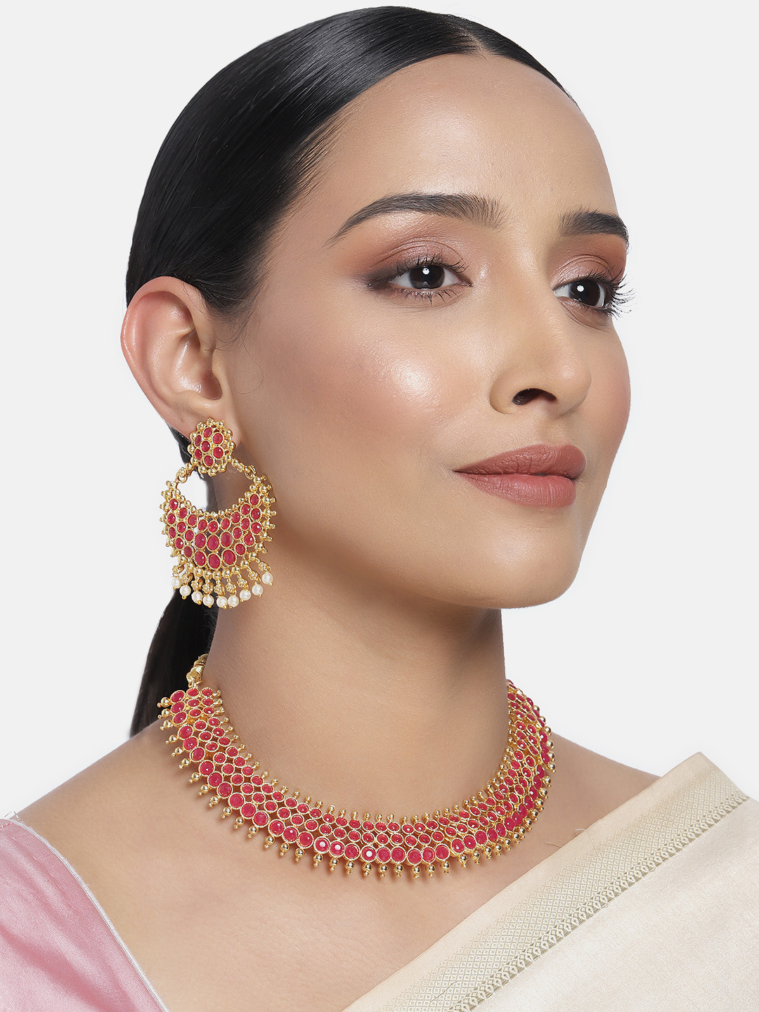 Buy Peora Red Gold Plated Kundan Studded Jadau Jewellery Set