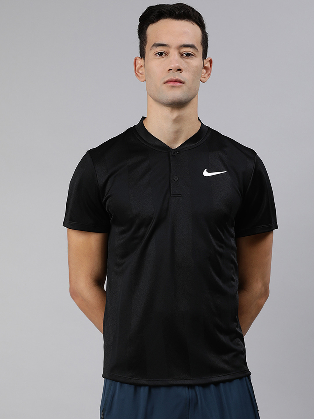 Buy Nike Men Black Solid Mandarin Collar T Shirt Tshirts For Men buy-nike-men-black-solid-mandarin-collar-t-shirt-tshirts-for-men
