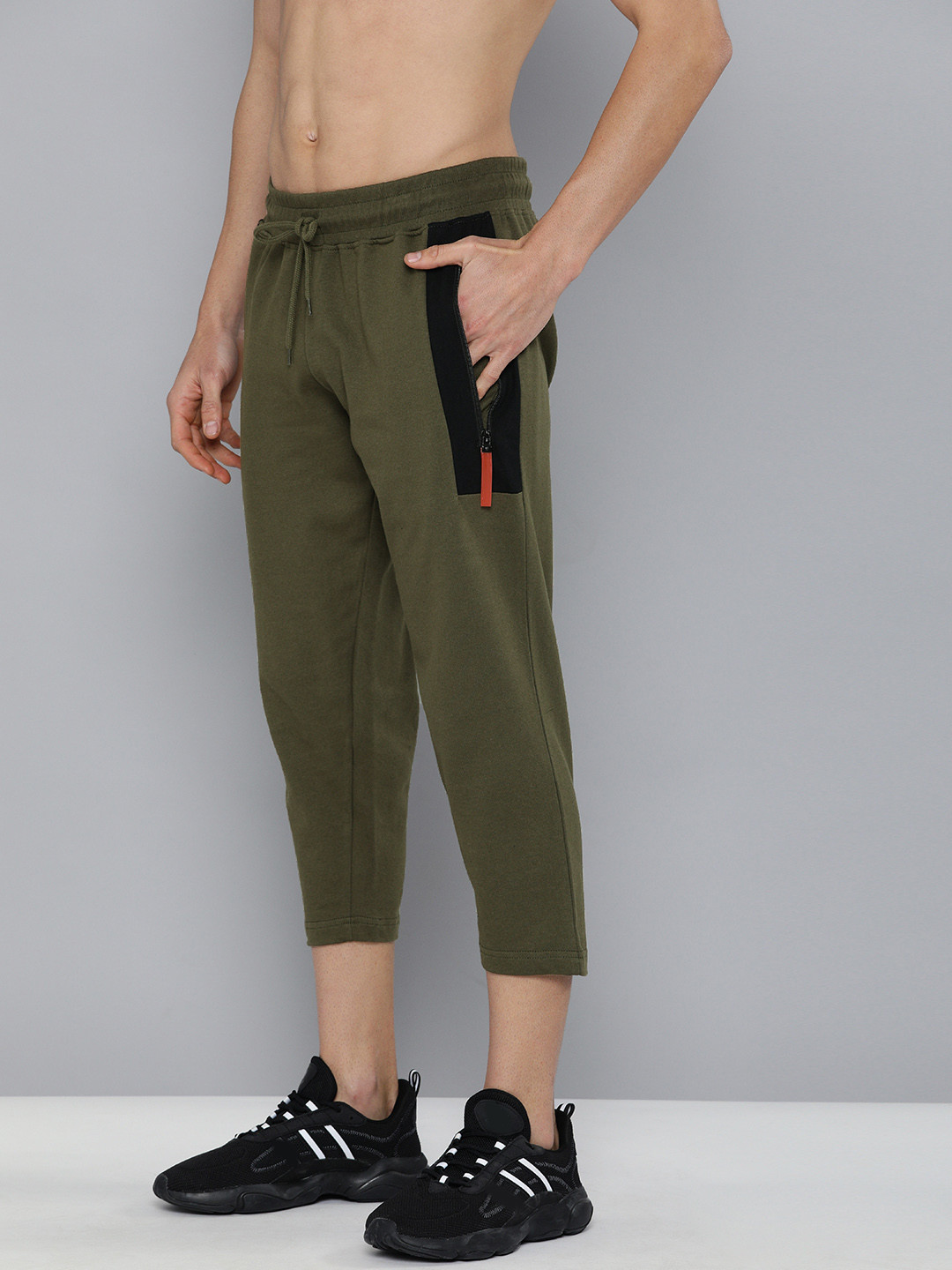 Buy HERE&NOW Men Olive Green Solid Cropped Track Pants Track Pants