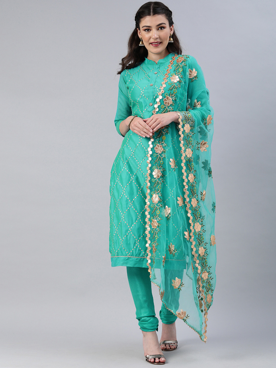Buy Mitera Teal Green Silk Blend Unstitched Dress Material Dress