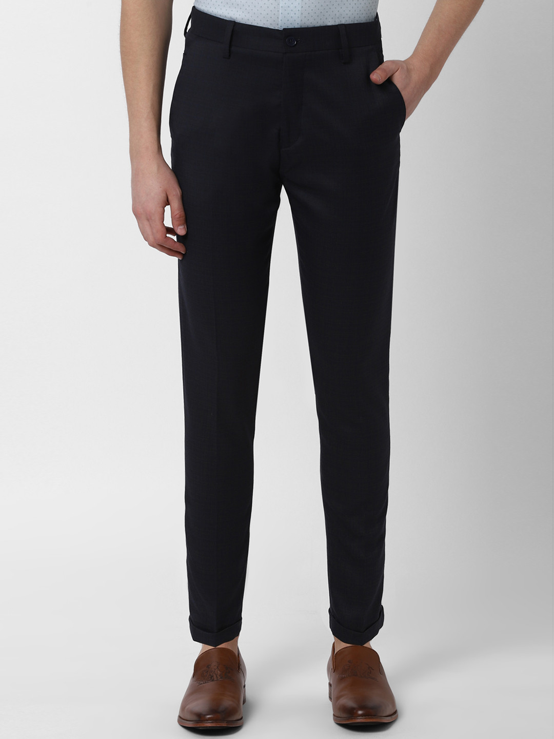 Buy Peter England Men Black Tapered Fit Solid Regular Trousers