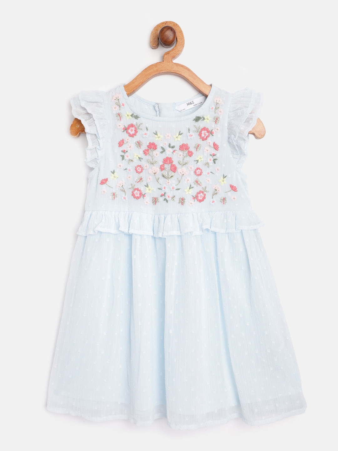 Buy Marks & Spencer Girls Blue & Pink Floral Embroidered Fit & Flare Dress Dresses for Girls
