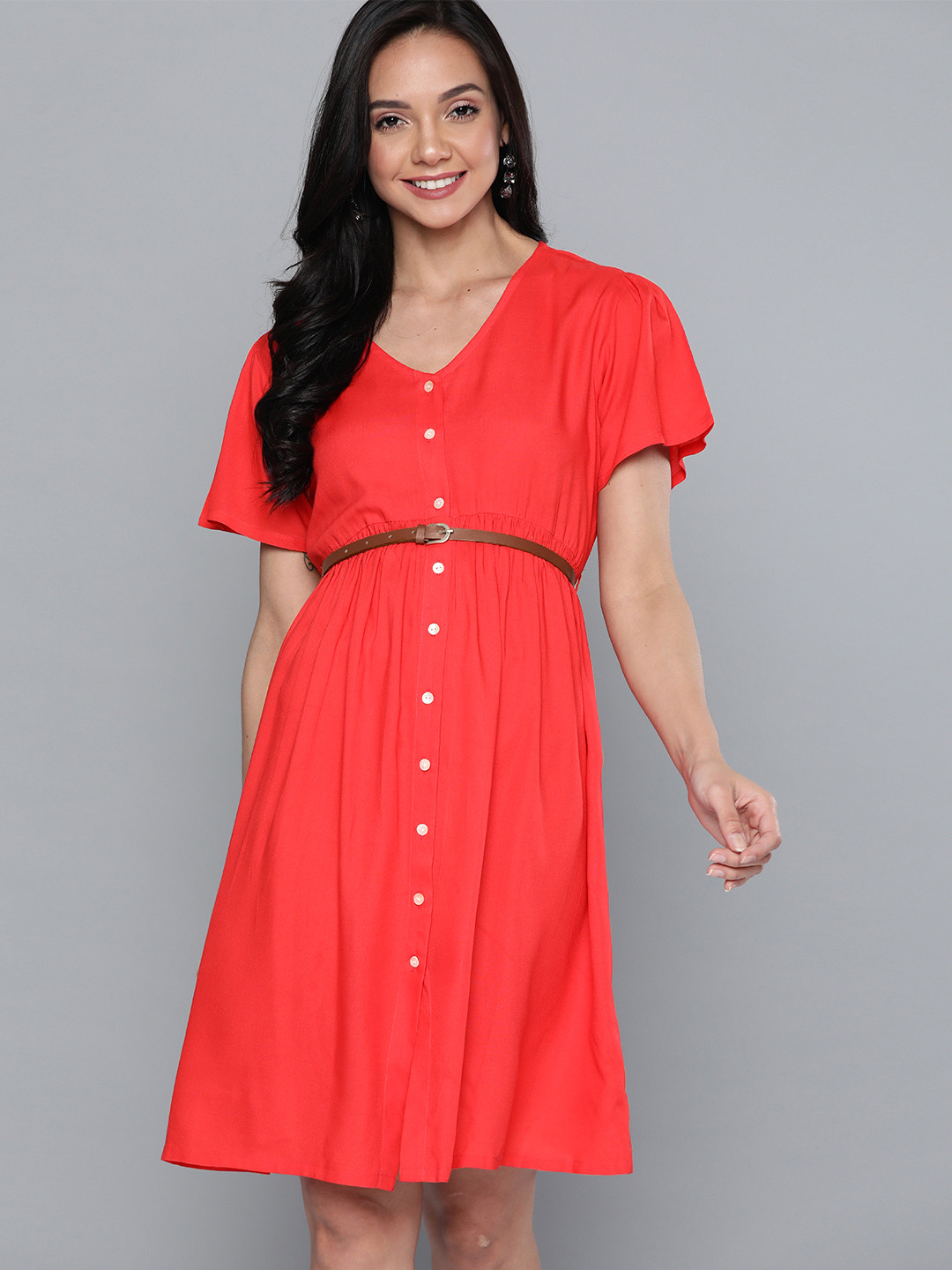 Girls Red Solid A-Line Dress.