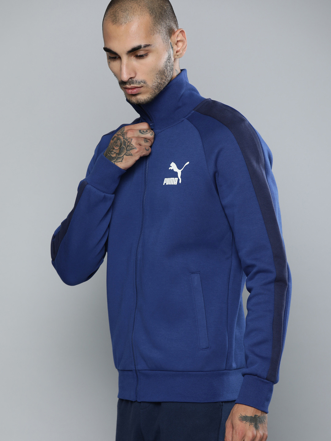 Buy Puma Men Navy Blue Solid Quilted Track Jacket With Side Stripes