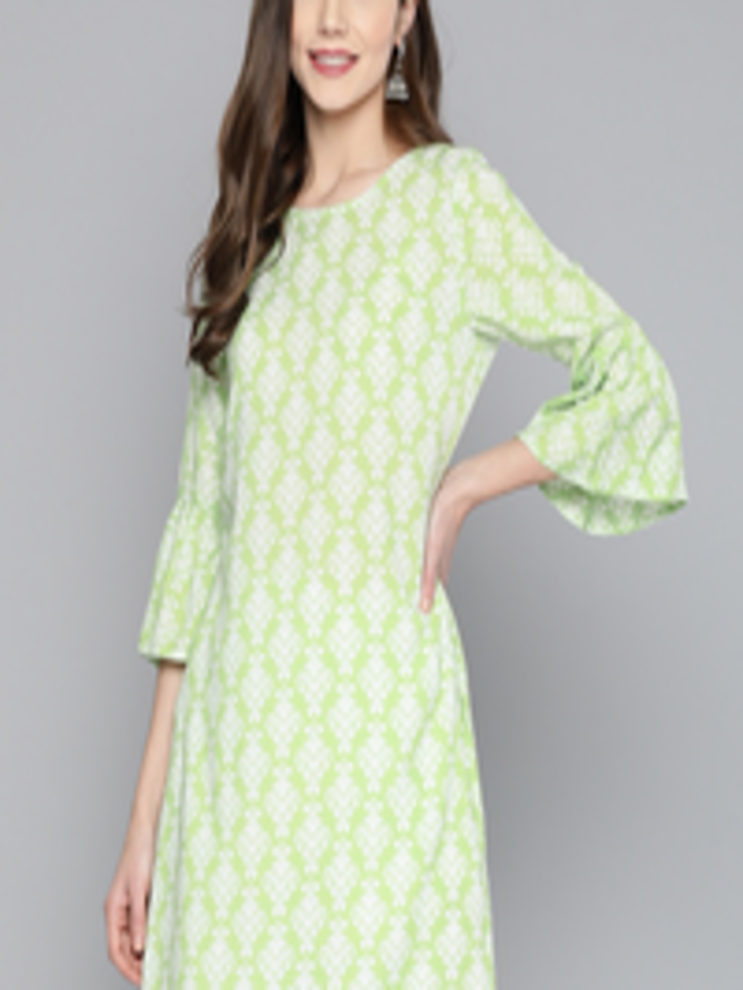 Buy HERE&NOW Women Green & Off White Ethnic Motifs Printed Bell Sleeves ...