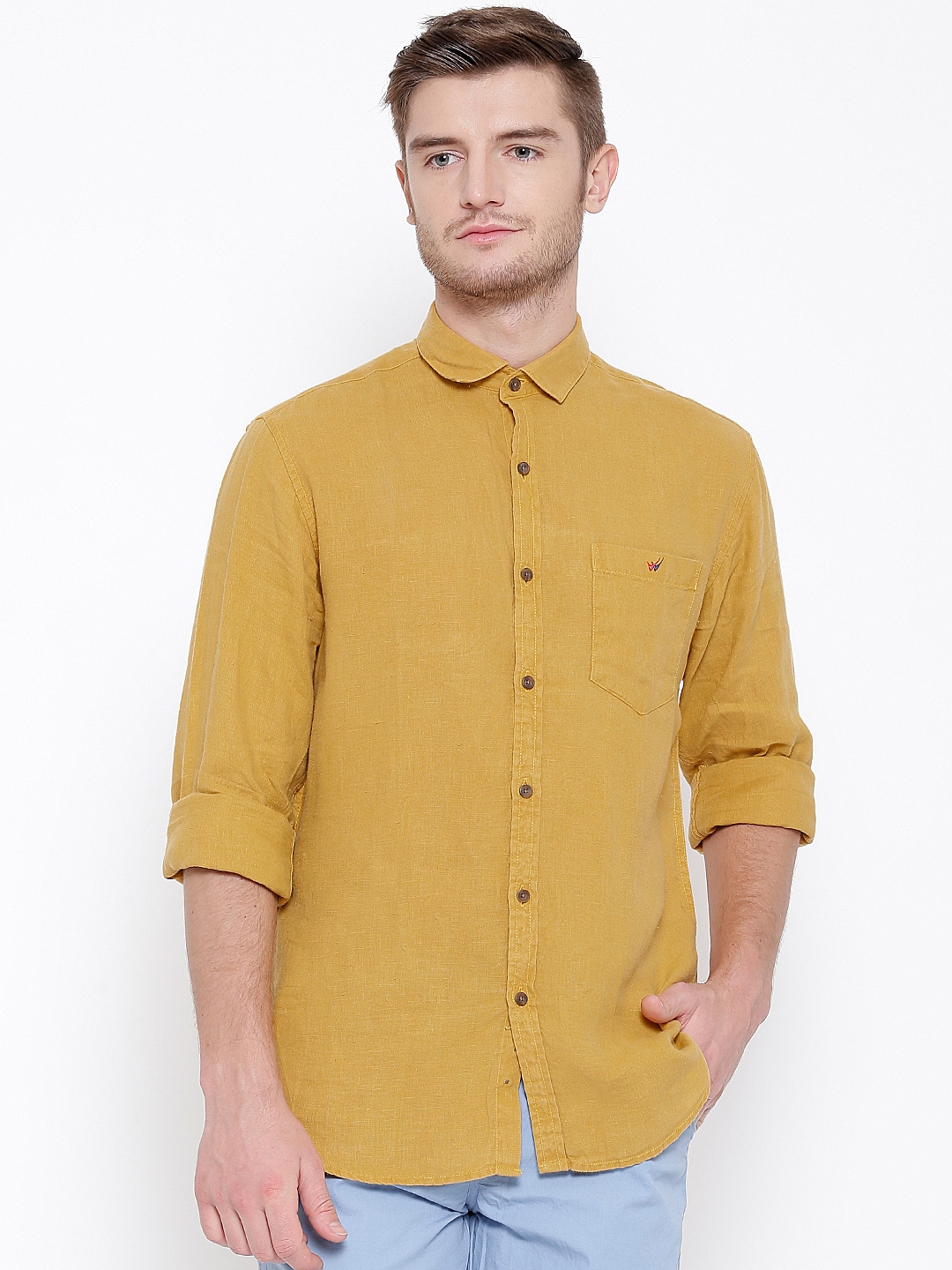 Buy Wills Lifestyle Mustard Yellow Linen Slim Casual Shirt Shirts for