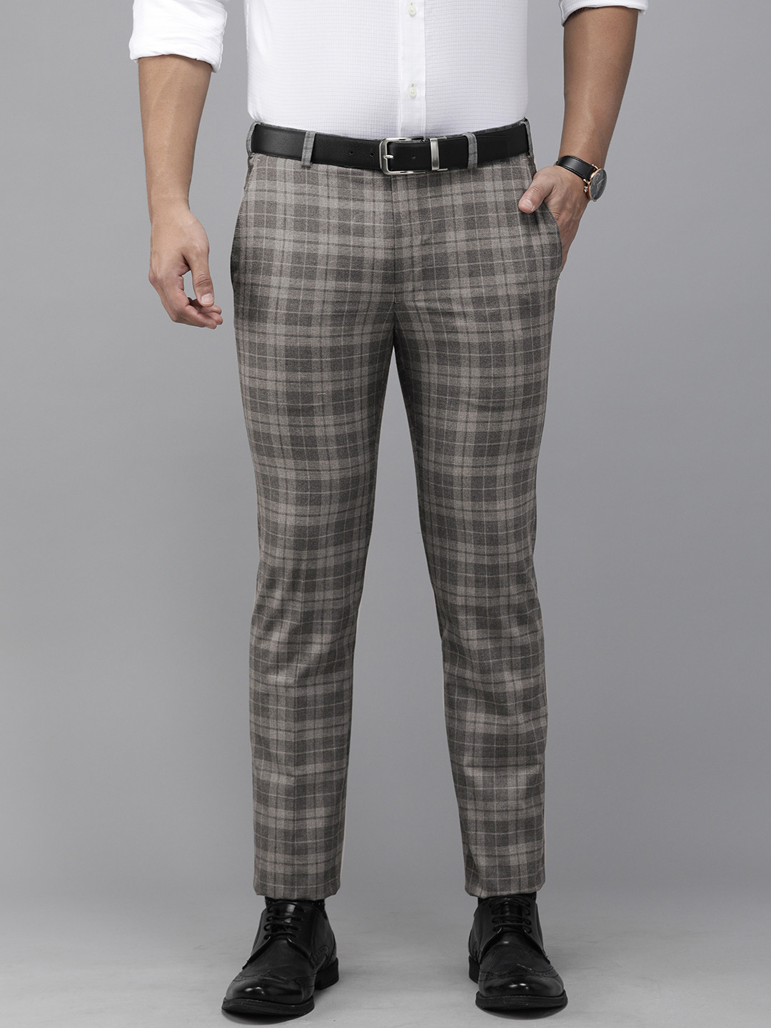 Buy Park Avenue Men Grey Super Slim Fit Checked Formal Trousers ...