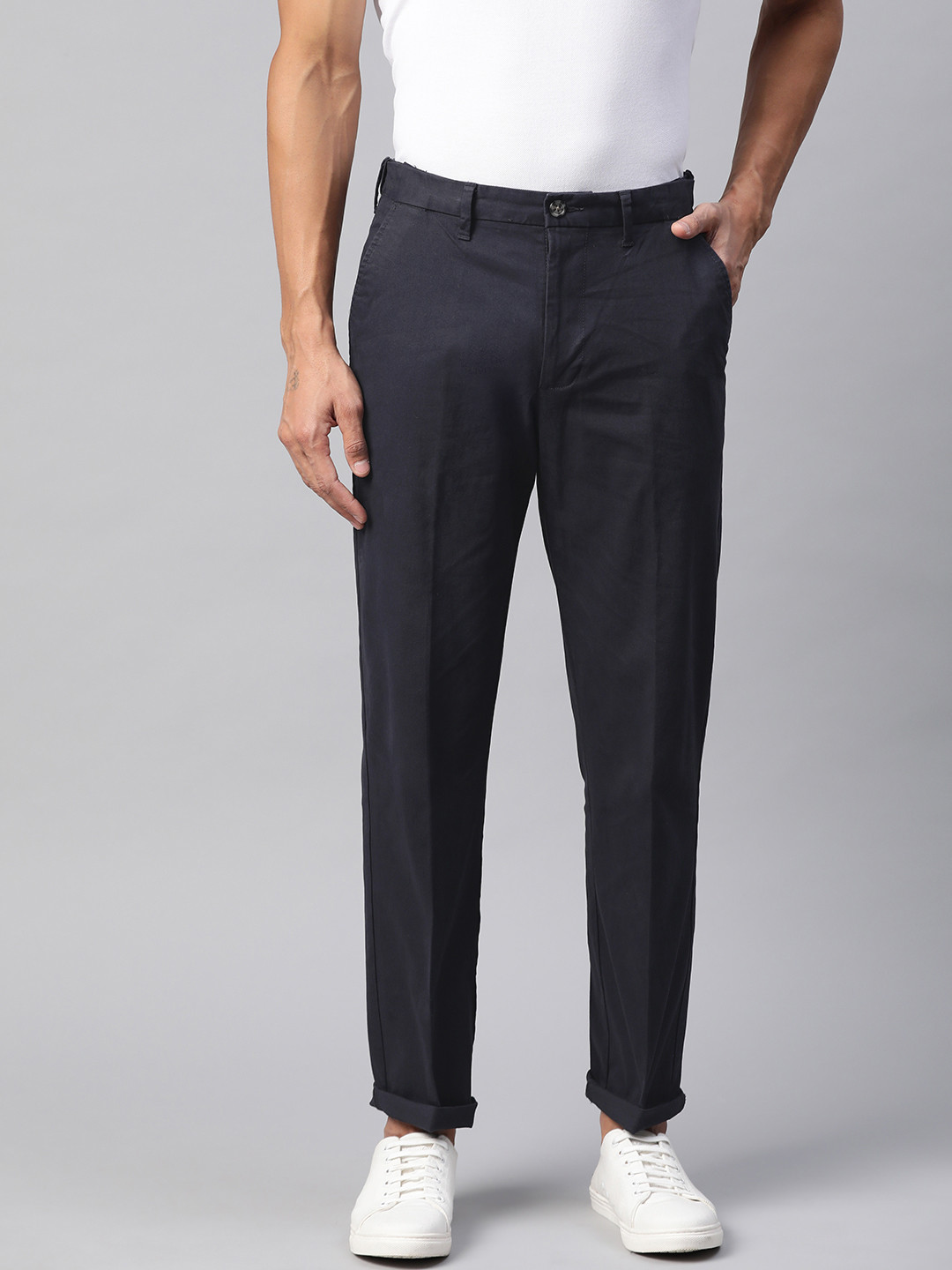 Buy Marks & Spencer Men Navy Blue Regular Fit Solid Chinos - Trousers ...