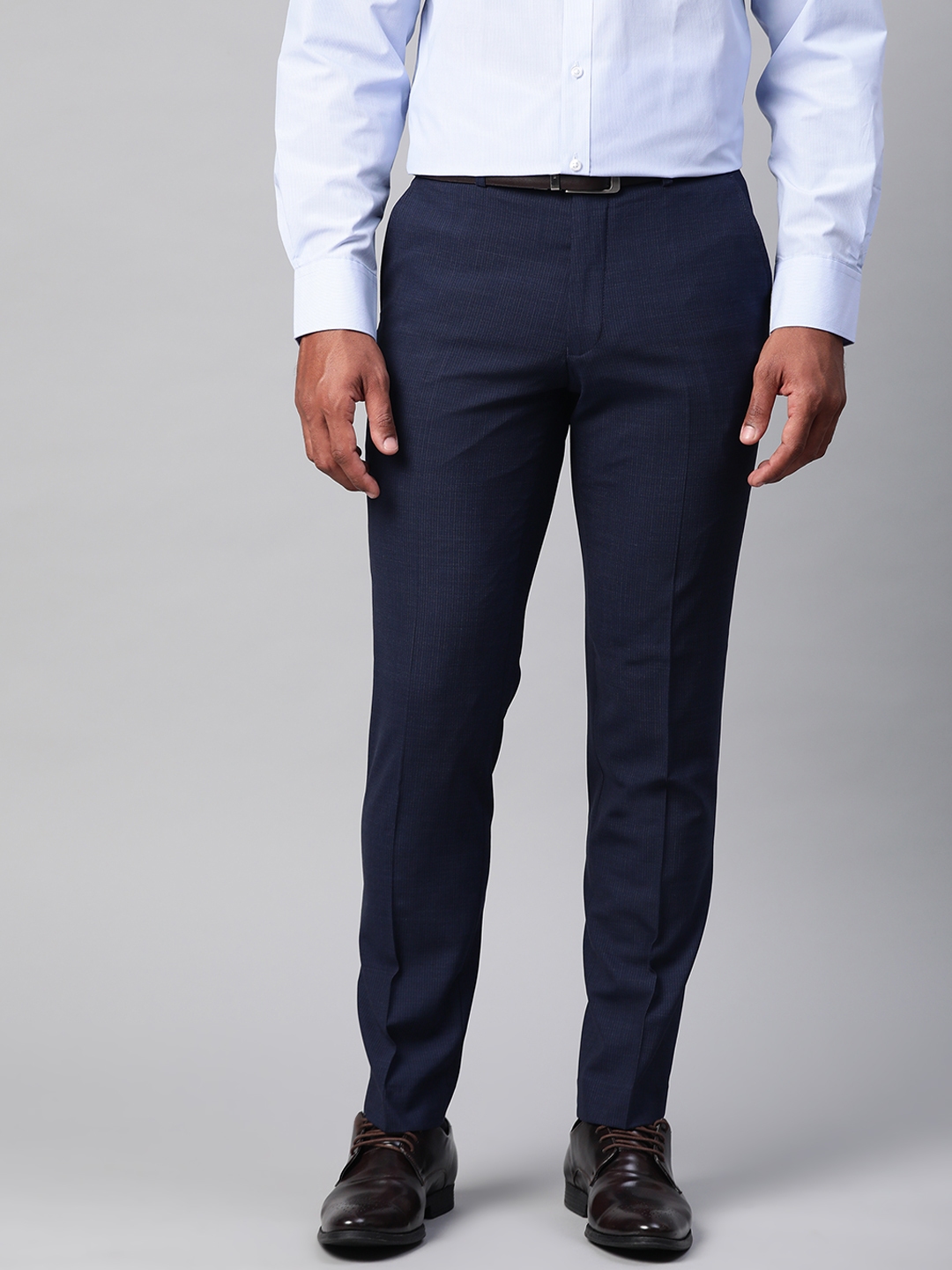 Buy Marks & Spencer Men Navy Blue Slim Fit Striped Regular Trousers ...