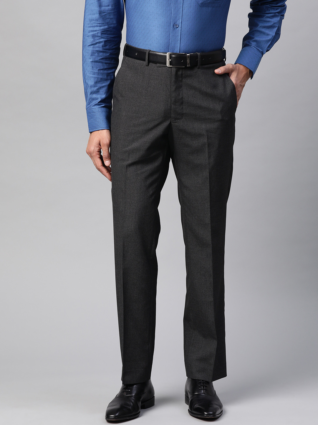 Buy Marks & Spencer Men Charcoal Grey & Black Regular Fit Self Design ...