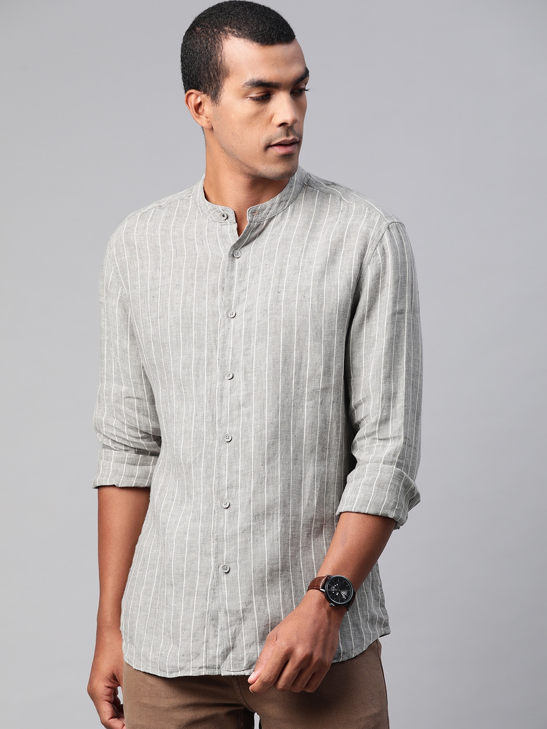 Buy Marks & Spencer Men Grey & Off White Regular Fit Striped Linen ...