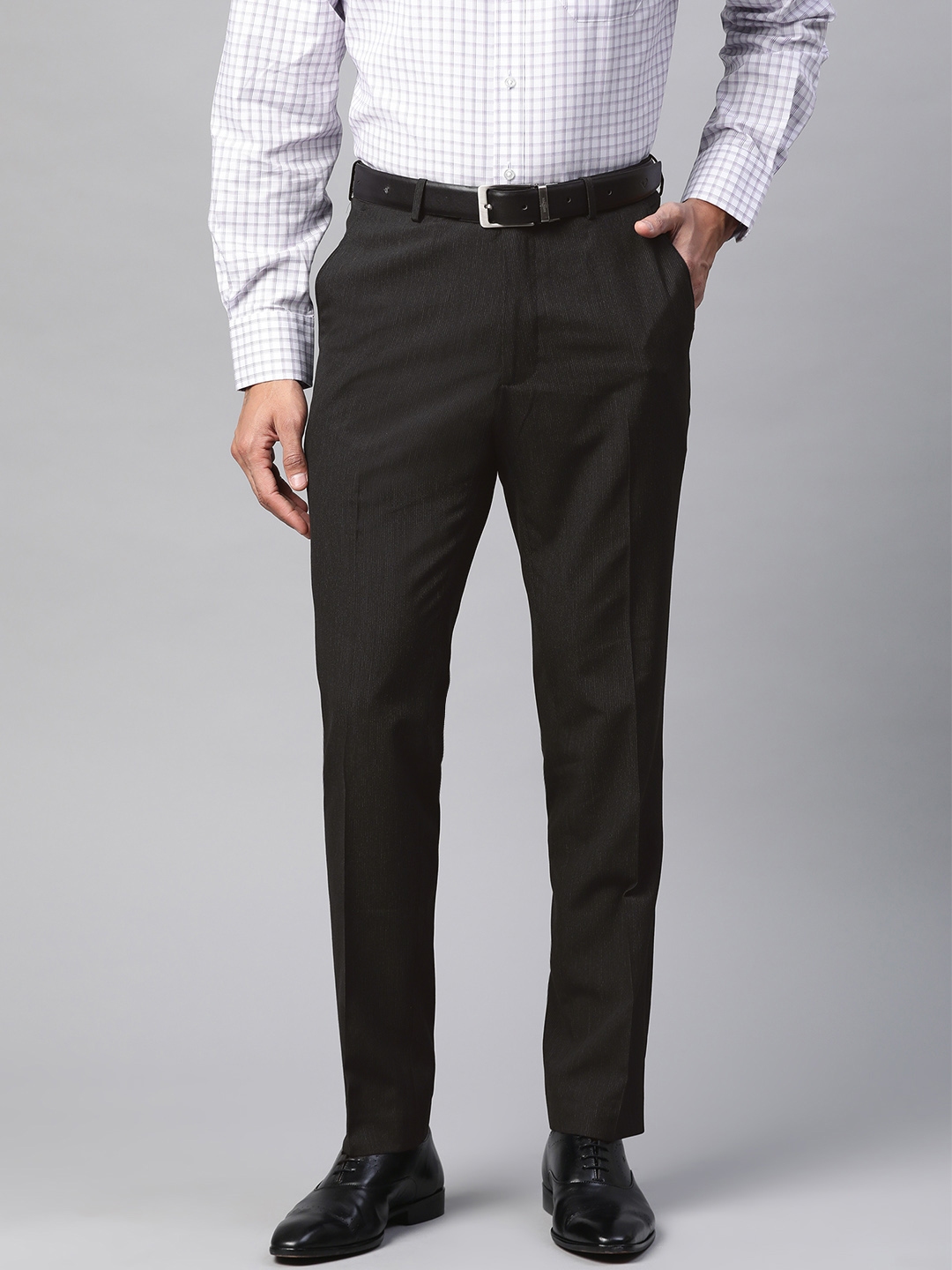 Buy Marks & Spencer Men Black Slim Fit Self Striped Formal Trousers ...
