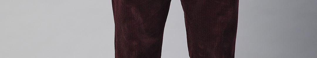Buy Marks & Spencer Men Burgundy Solid Corduroy Regular Trousers ...