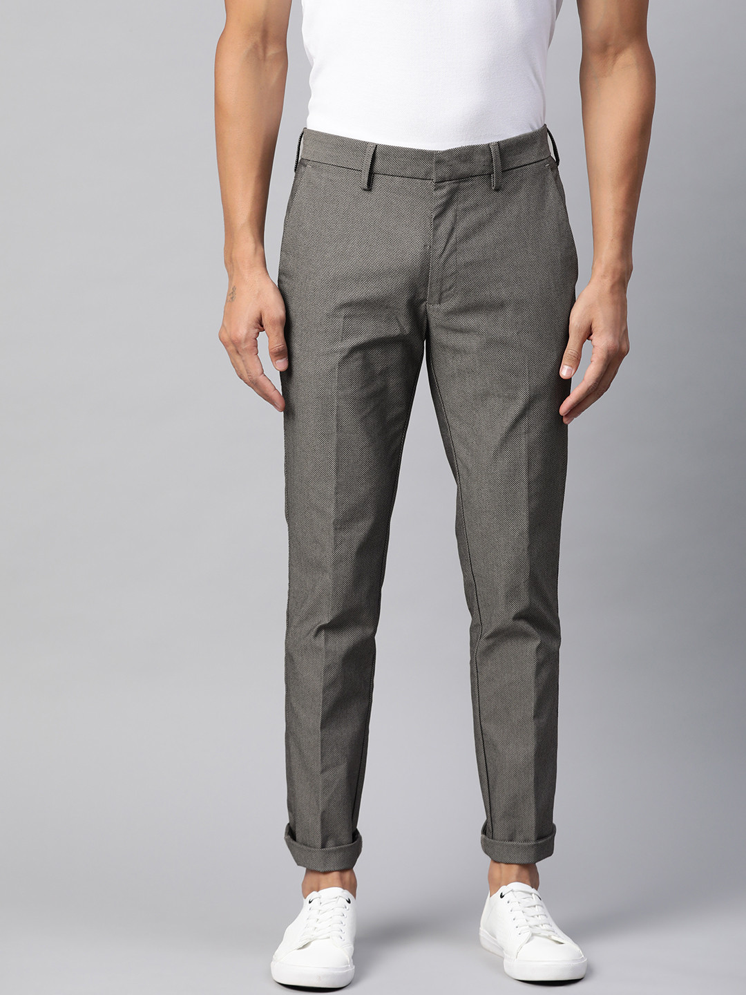 Buy Marks & Spencer Men Grey & Black Slim Fit Self Design Regular ... image.