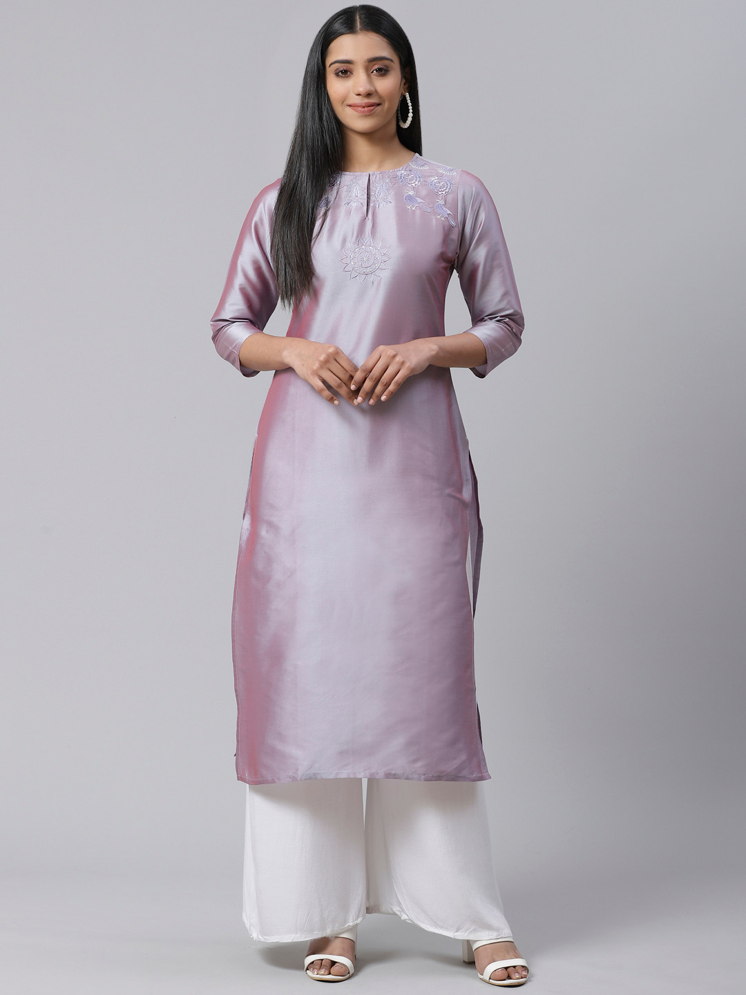 Lavender Color Ethnic Motifs Embroidered Straight Kurta With Trousers & Dupatta