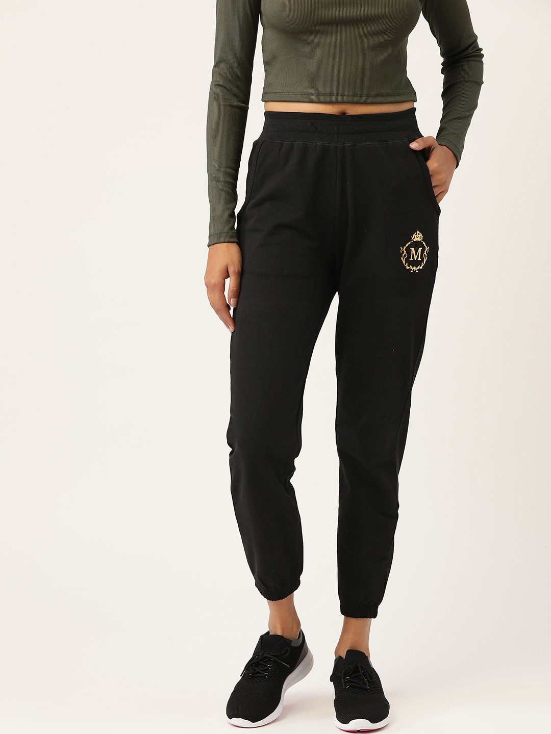 Buy MABISH By Sonal Jain Women Black Solid Slim Fit Cotton Crop Joggers