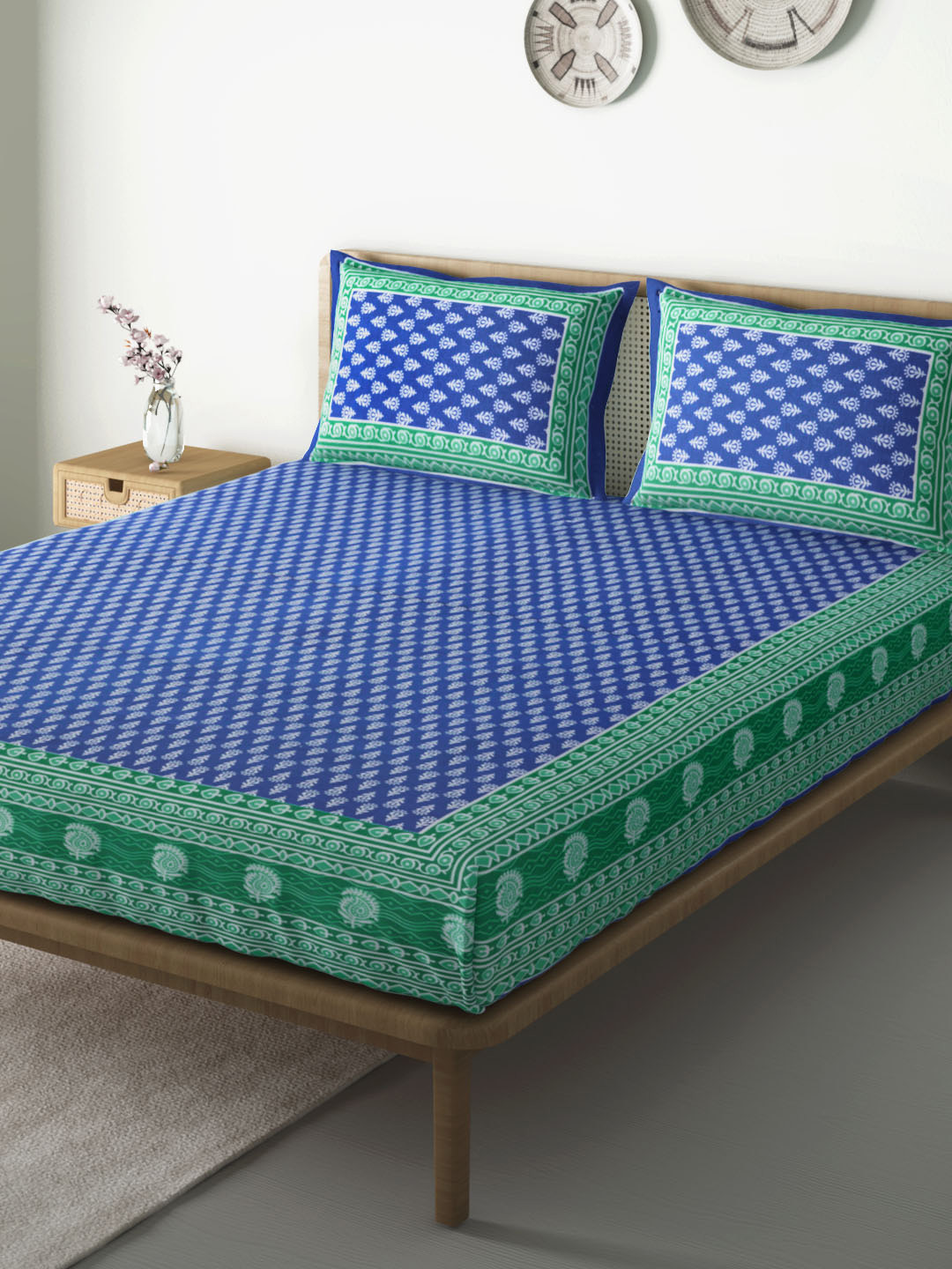 Buy Aura Blue & White Ethnic Printed 104 TC Cotton 1 Queen Bedsheet