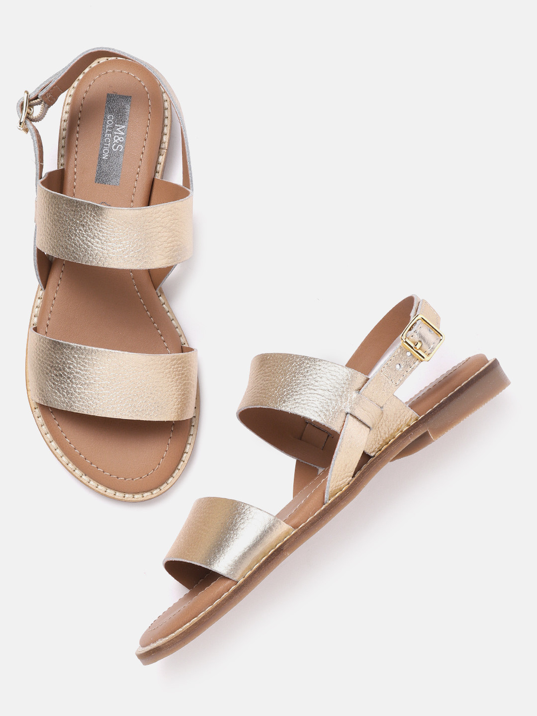 Buy Marks & Spencer Women Gold Toned Solid Leather Open Toe Flats