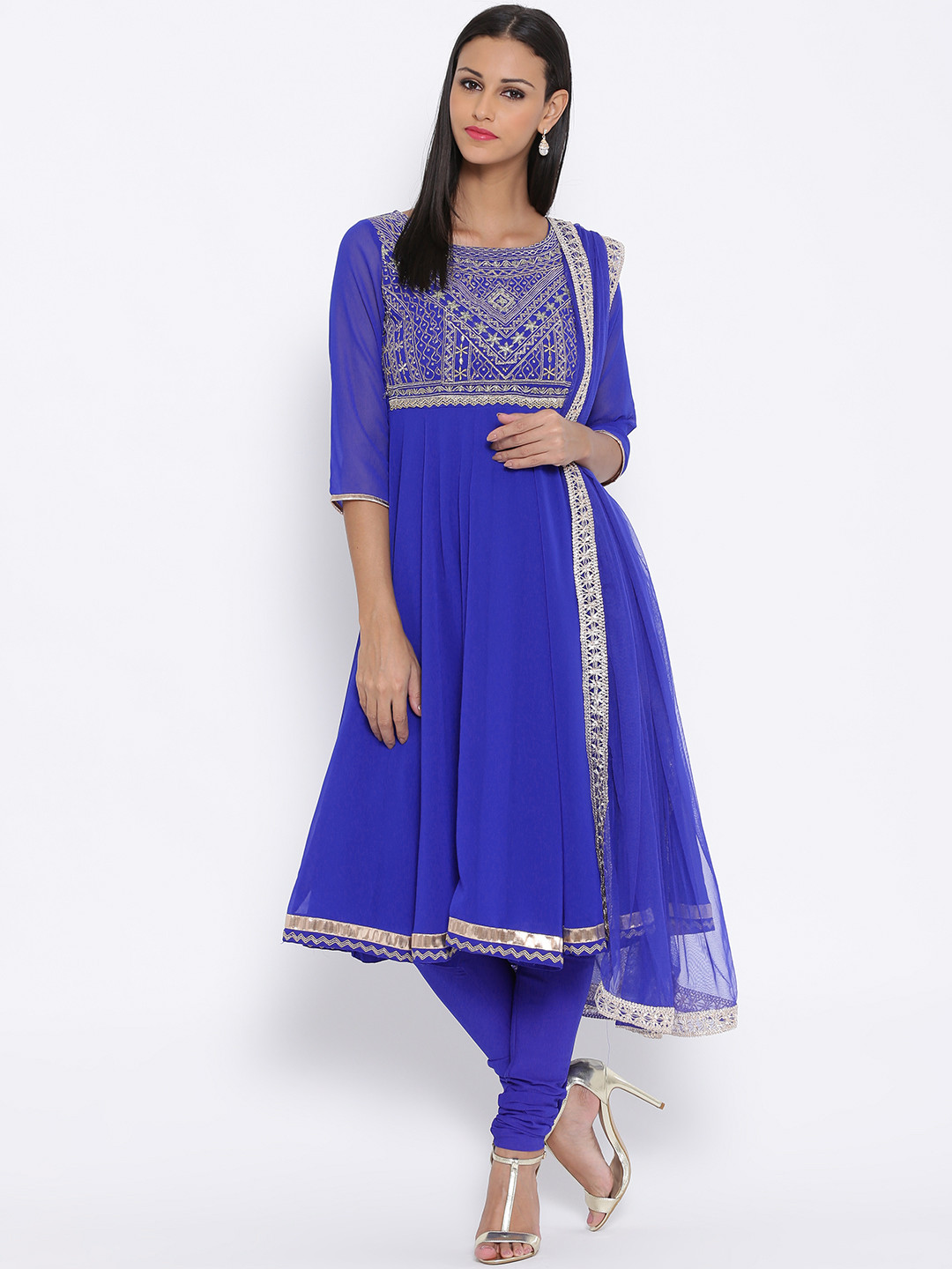 Buy BIBA Blue Polyester Embroidered Anarkali Churidar Kurta With