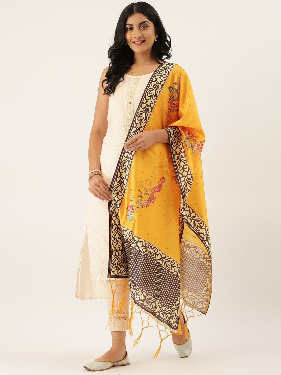 Buy LADUSAA Mustard Yellow & Black Printed Dupatta Dupatta for Women
