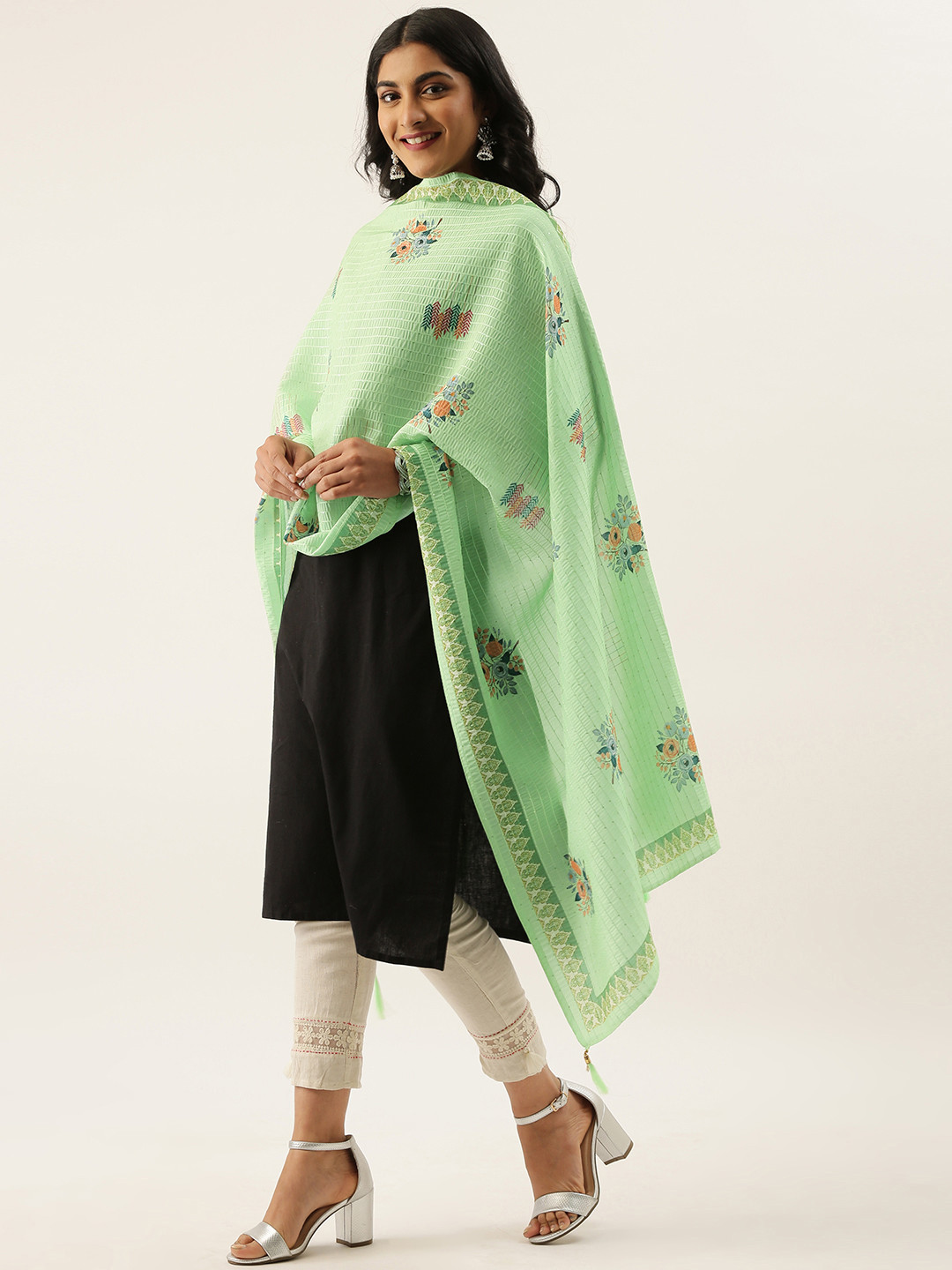 Buy LADUSAA Green Floral Printed Sequined Dupatta Dupatta for Women