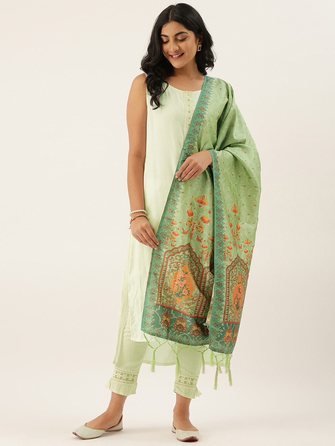 Buy LADUSAA Green & Orange Printed Dupatta Dupatta for Women 13530262