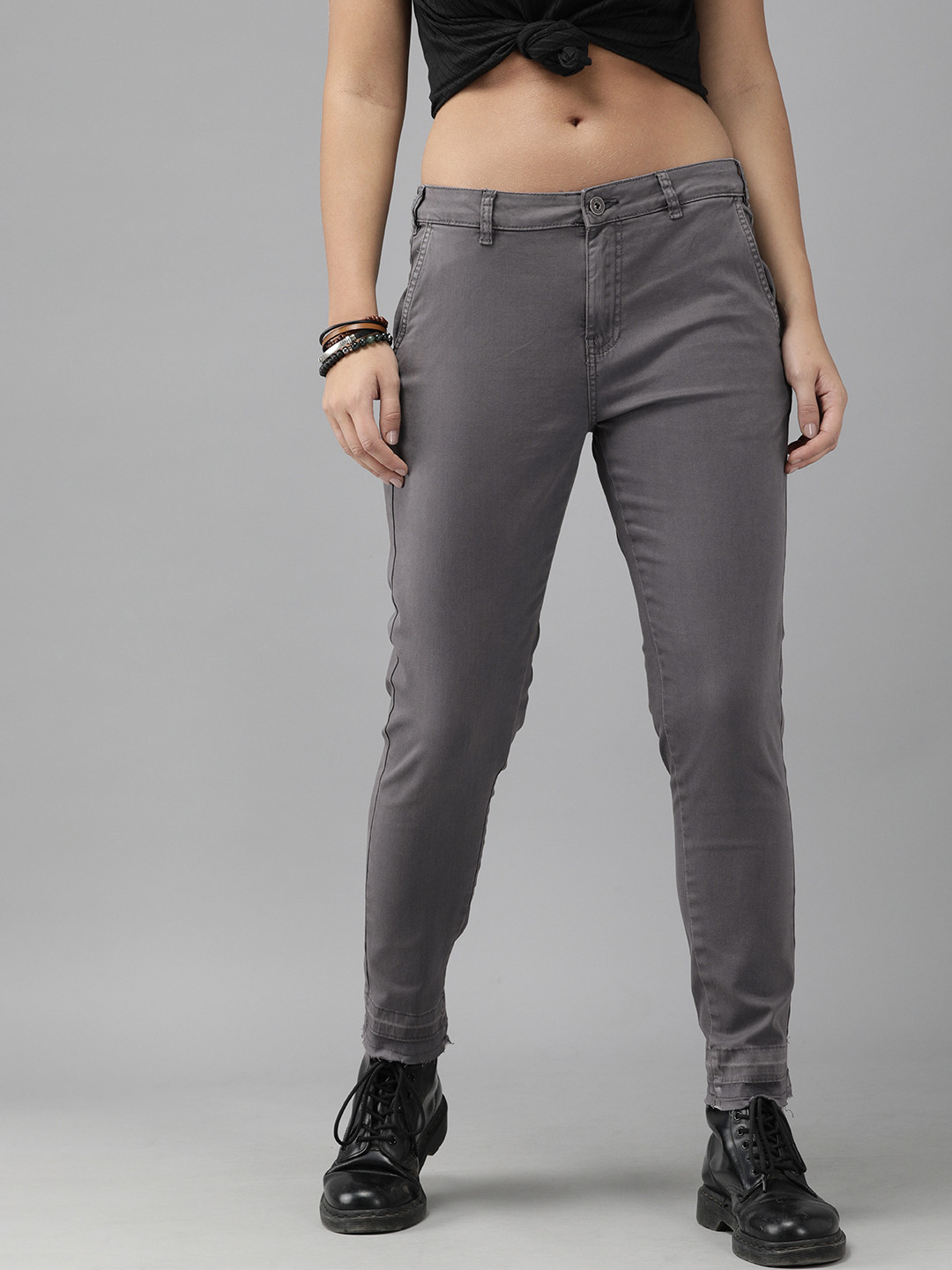 Buy The Roadster Lifestyle Co Women Grey Regular Fit Solid Chinos ...