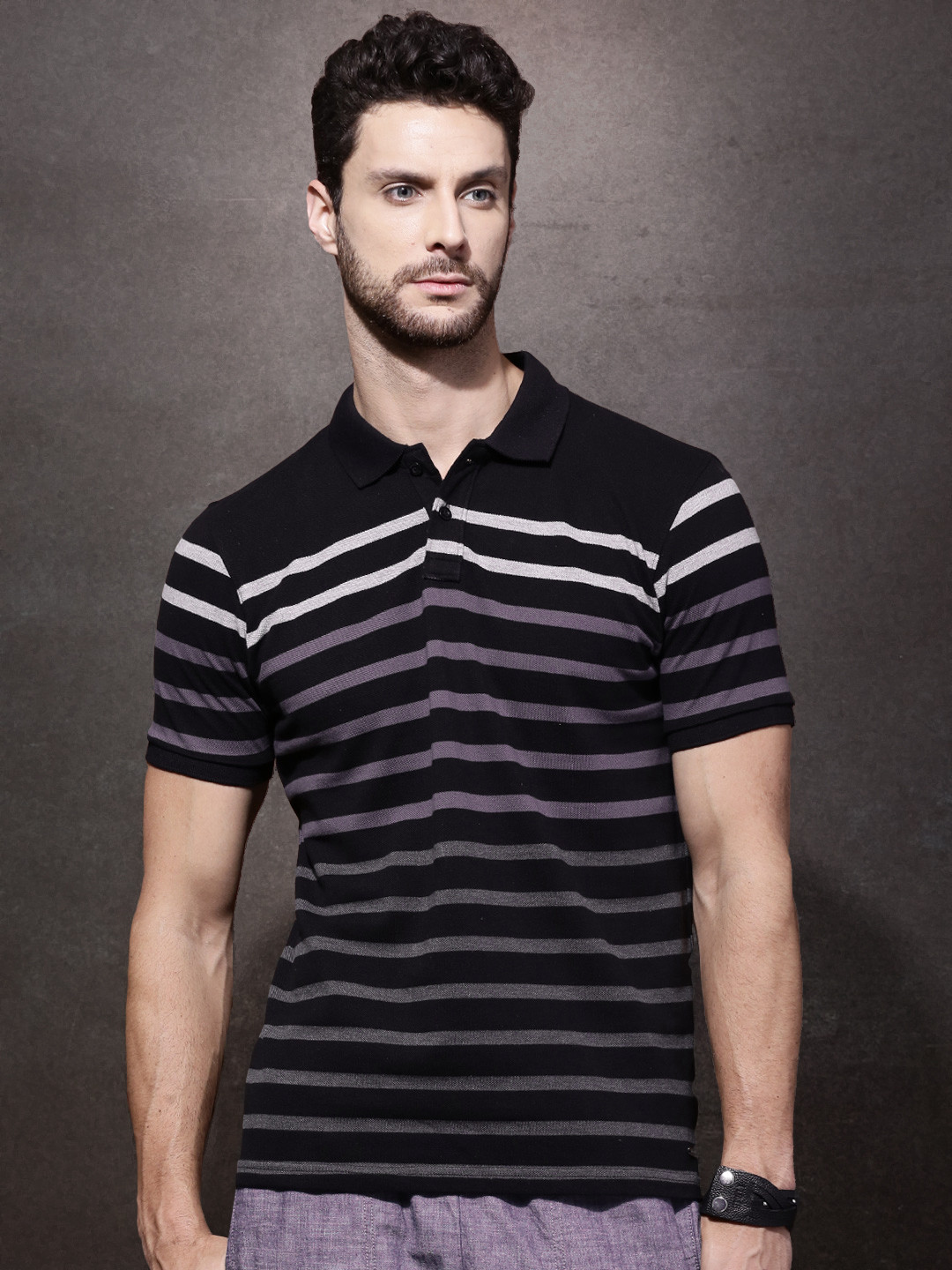 Buy Roadster Men Black Striped Polo Collar T Shirt Tshirts for Men