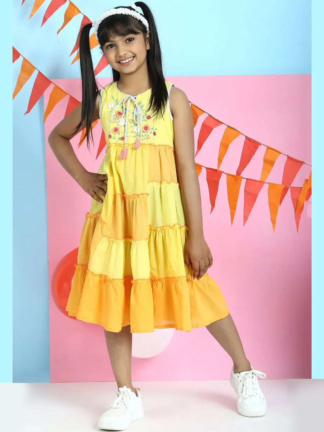 Buy Biba Yellow Colourblocked Tie Up Neck Cotton A Line Midi Dress Dresses for Girls 13545408