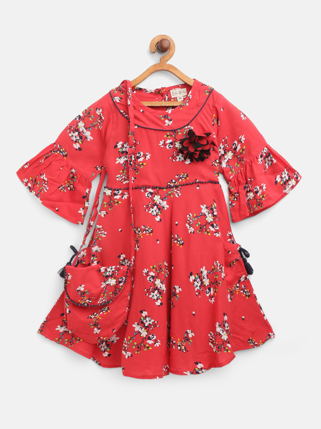 Buy Bella Moda Girls Red & White Floral Print A Line Dress With Sling
