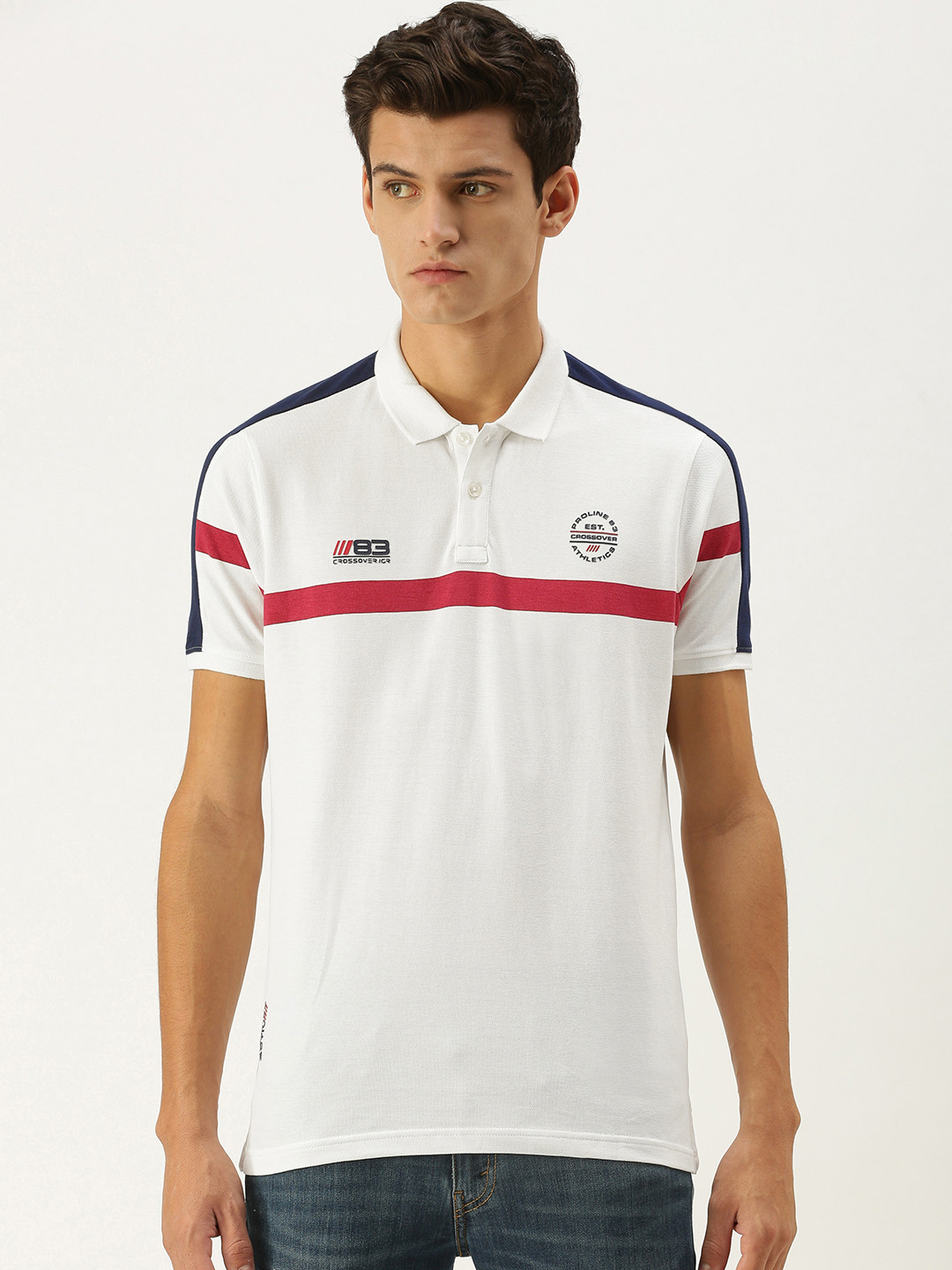 Buy Proline Active Men White Striped Polo Collar Pure Cotton T Shirt