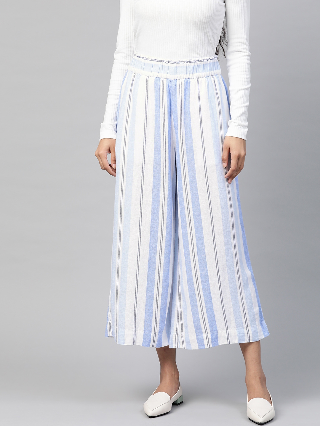 navy blue and white striped trousers