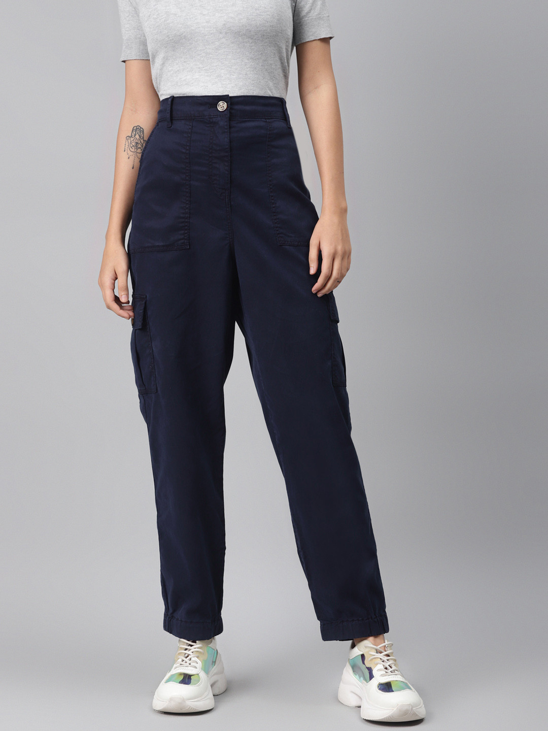 Buy Marks & Spencer Women Navy Blue Tapered Fit Solid Cargos - Trousers for Women 13565664 | Myntra